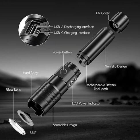 LCD Digital Display Rechargeable Flashlight, 5 Modes with USB Charge & Discharge, Waterproof Tactical Flash Light, Single Pack for Home Emergency, Camping & Hiking Security in Saudi Arabia