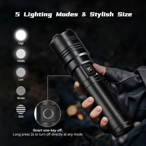 LCD Digital Display Rechargeable Flashlight, 5 Modes with USB Charge & Discharge, Waterproof Tactical Flash Light, Single Pack for Home Emergency, Camping & Hiking Security in Saudi Arabia