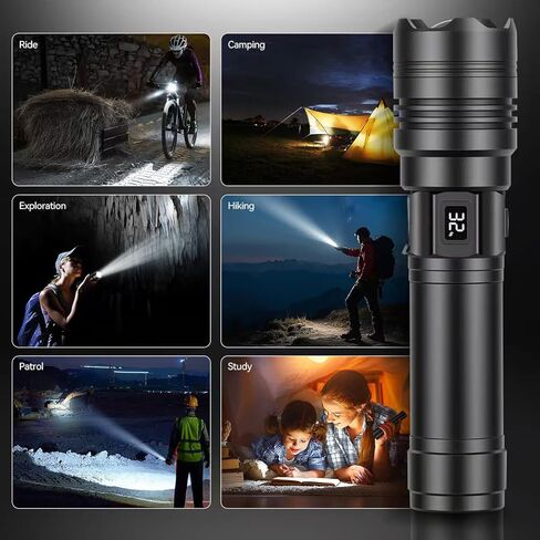 LCD Digital Display Rechargeable Flashlight, 5 Modes with USB Charge & Discharge, Waterproof Tactical Flash Light, Single Pack for Home Emergency, Camping & Hiking Security in Saudi Arabia