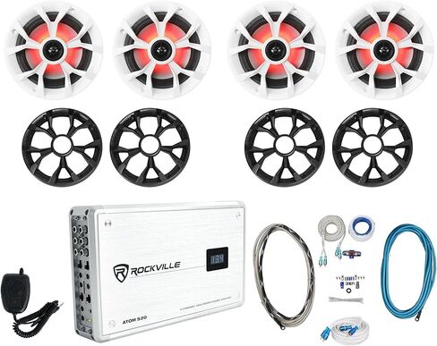 Rockville RKL65MBW Bundle: (4) 6.5 in 700W Peak/170W RMS Marine Speakers with LED and Black/White Grilles, Atom S20 4-Channel 1600W Bluetooth Amplifier, RMWK4 Amp Kit, MRCA25 RCA Cable, 7-Items in Saudi Arabia