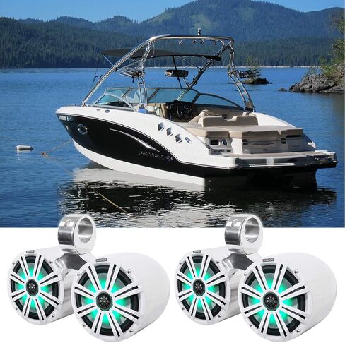 KICKER Pair 45KM84L 8" 600 Watt Marine Boat Waterproof Speakers w/LED's KM8 Bundle with Rockville Dual 7.7" Polished Silver Aluminum Wakeboard Tower Speaker Enclosure in Saudi Arabia