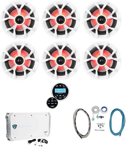 Rockville RKL65MBW Bundle: (6) 6.5 in 700-Watt Boat Speakers w/LED, RXM-S6 2600W 6-Channel Amplifier, RMWK4 4 AWG Marine Amplifier Wire Kit, RGHR2 Marine Gauge Hole Receiver, 9-Items in Saudi Arabia
