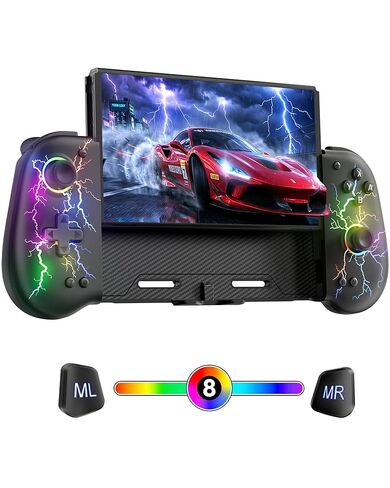وحدات تحكم VOYEE Switch مع عصا تحكم ومسند تأثير Hall، متوافقة مع نينتندو سويتش/OLED، وحدة تحكم لاسلكية احترافية قبضة مريحة مع ضوء RGB، توربو، ماكرو، 4 فتحات ألعاب باللون الأسود in Kuwait