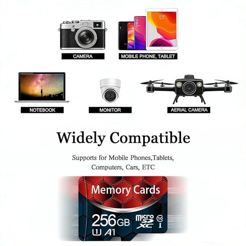 256GB Class 10 MicroSDHC Flash Memory Card with Adapter for Mobile Device Storage Phone, Tablet, Drone & Full HD Video Recording in Saudi Arabia
