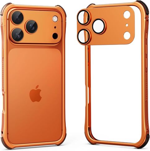 حافظة معدنية ممتصة للصدمات لهاتف iPhone 17 Pro Max [واقي عدسة منفصل] إطار من سبائك الألومنيوم وظهر مجوف متوافق مع Magsafe، غطاء حماية نحيف ومقاوم للصدمات، غطاء صلب، برتقالي كوني in Kuwait