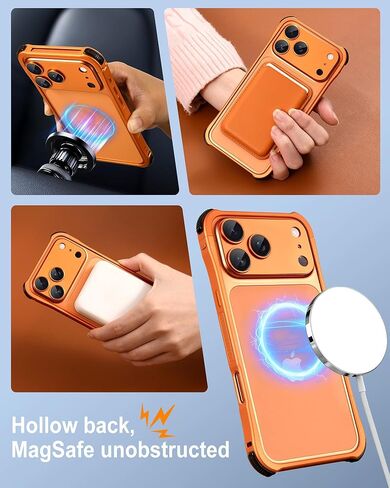 حافظة معدنية ممتصة للصدمات لهاتف iPhone 17 Pro Max [واقي عدسة منفصل] إطار من سبائك الألومنيوم وظهر مجوف متوافق مع Magsafe، غطاء حماية نحيف ومقاوم للصدمات، غطاء صلب، برتقالي كوني in Kuwait