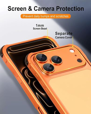حافظة معدنية ممتصة للصدمات لهاتف iPhone 17 Pro Max [واقي عدسة منفصل] إطار من سبائك الألومنيوم وظهر مجوف متوافق مع Magsafe، غطاء حماية نحيف ومقاوم للصدمات، غطاء صلب، برتقالي كوني in Kuwait