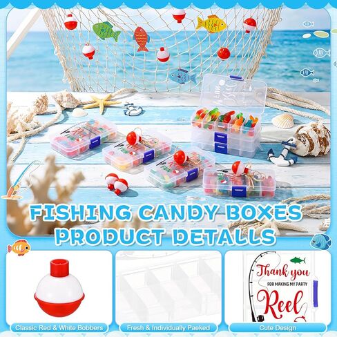 Vinsot 30 Sets Fishing Candy Tackle Boxes for Party Favors with Red White Fishing Bobber Floater Thank You for Making My Party Reel Fun Theme Birthday Decorations Supplies in Saudi Arabia