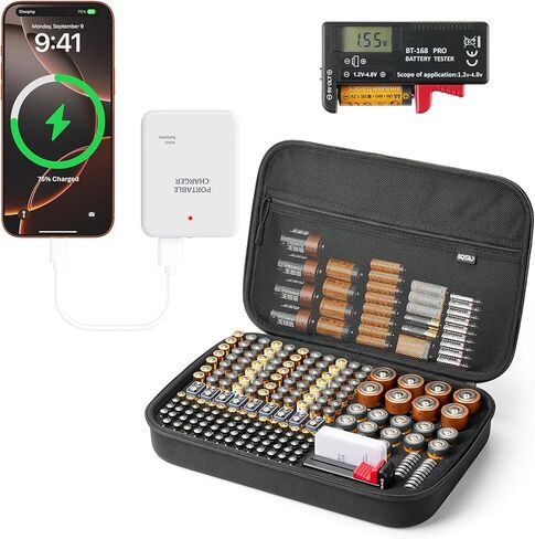 Battery Organizer Storage Case Box with Emergency Power Bank - Convert 4 AA Batteries to Phone Charger with Tester BT-168 PRO for AA AAA C D 9V CR2032 3V, Safe Battery Holder Holds 200+ Batteries in Saudi Arabia