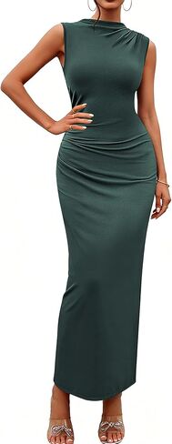 Bluetime Women's Ruched Bodycon Maxi Dresses Sleeveless Slim Fit Summer Dress Elegant Cocktail Slit Wedding Guest Dress in Saudi Arabia