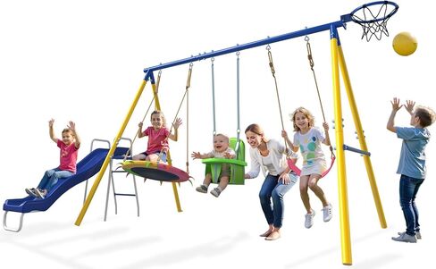 JYGOPLA 2 Seat Swing Set for Backyard, Heavy Duty Metal A-Frame Swing Holds 440 lbs,1 Adjustable Platform Swing Seat, and 1 u-Shape Seat Swing, Outdoor Playground Suitable for Kids Aged 3-8 Years in Saudi Arabia