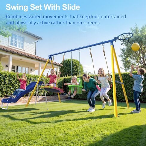 JYGOPLA 2 Seat Swing Set for Backyard, Heavy Duty Metal A-Frame Swing Holds 440 lbs,1 Adjustable Platform Swing Seat, and 1 u-Shape Seat Swing, Outdoor Playground Suitable for Kids Aged 3-8 Years in Saudi Arabia
