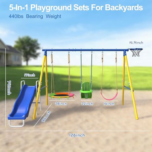 JYGOPLA 2 Seat Swing Set for Backyard, Heavy Duty Metal A-Frame Swing Holds 440 lbs,1 Adjustable Platform Swing Seat, and 1 u-Shape Seat Swing, Outdoor Playground Suitable for Kids Aged 3-8 Years in Saudi Arabia