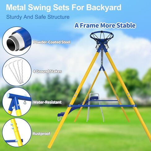 JYGOPLA 2 Seat Swing Set for Backyard, Heavy Duty Metal A-Frame Swing Holds 440 lbs,1 Adjustable Platform Swing Seat, and 1 u-Shape Seat Swing, Outdoor Playground Suitable for Kids Aged 3-8 Years in Saudi Arabia