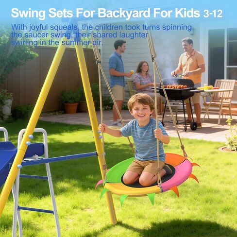 JYGOPLA 2 Seat Swing Set for Backyard, Heavy Duty Metal A-Frame Swing Holds 440 lbs,1 Adjustable Platform Swing Seat, and 1 u-Shape Seat Swing, Outdoor Playground Suitable for Kids Aged 3-8 Years in Saudi Arabia