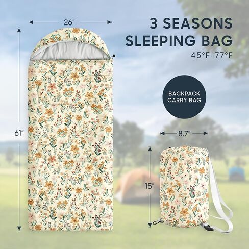 Wake In Cloud - Kids Sleeping Bag for Girls Toddlers, Camping in Warm Cold Weather, Backpacking Lightweight Compact Outdoor Liner for 3 Seasons Summer Spring Fall, Flowers Orange Cream in Saudi Arabia