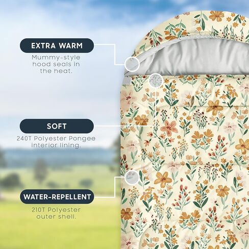 Wake In Cloud - Kids Sleeping Bag for Girls Toddlers, Camping in Warm Cold Weather, Backpacking Lightweight Compact Outdoor Liner for 3 Seasons Summer Spring Fall, Flowers Orange Cream in Saudi Arabia