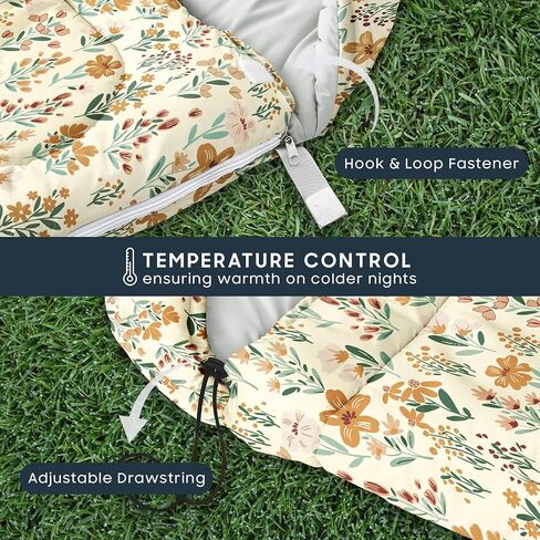 Wake In Cloud - Kids Sleeping Bag for Girls Toddlers, Camping in Warm Cold Weather, Backpacking Lightweight Compact Outdoor Liner for 3 Seasons Summer Spring Fall, Flowers Orange Cream in Saudi Arabia
