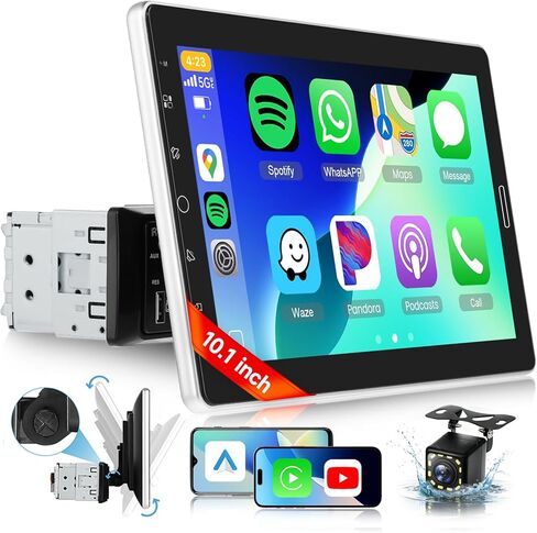 10.1 inch Single Din Car Stereo with Wireless Carplay Android Auto, Sellrich Touch Screen Bluetooth Single Din Radio with Mirror Link AM/FM/RDS USB/AUX/SD Card Ports External Mic+Reversing Camera in Kuwait