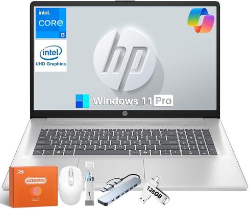 كمبيوتر محمول HP 2026 مقاس 17.3 بوصة للأعمال والطلاب، معالج Intel 8-Core، شاشة FHD LED مضادة للتوهج، ذاكرة الوصول العشوائي 16 جيجابايت، 512 جيجابايت SSD، Win 11 Pro، بلوتوث 5.3، WiFi 6، كاميرا، Copilot AI، مع ملحقات in Saudi Arabia