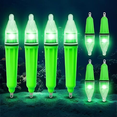 Gerrii 8 Pack Underwater Fishing Lights, Green LED Deep Drop Light for Night Fishing, 4 x 6.7 Inch & 4 x 4.7 Inch Waterproof 360 Degree Bait Lure Attractant, Aa Battery for Saltwater Sea Lake River in Saudi Arabia