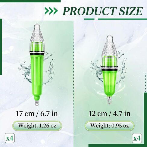 Gerrii 8 Pack Underwater Fishing Lights, Green LED Deep Drop Light for Night Fishing, 4 x 6.7 Inch & 4 x 4.7 Inch Waterproof 360 Degree Bait Lure Attractant, Aa Battery for Saltwater Sea Lake River in Saudi Arabia