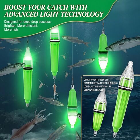 Gerrii 8 Pack Underwater Fishing Lights, Green LED Deep Drop Light for Night Fishing, 4 x 6.7 Inch & 4 x 4.7 Inch Waterproof 360 Degree Bait Lure Attractant, Aa Battery for Saltwater Sea Lake River in Saudi Arabia