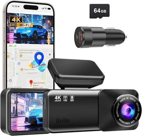 كاميرا داش كام أمامية 4K، واي فاي مدمج 5.8 جيجا، بطاقة 64 جيجابايت مجانية وشاحن سيارة A+C 48 وات، كاميرا داش للسيارات، كاميرا داش كام صغيرة مع رؤية ليلية فائقة، تسجيل حلقي، مستشعر G، مراقب ركن السيارة لمدة 24 ساعة in Saudi Arabia