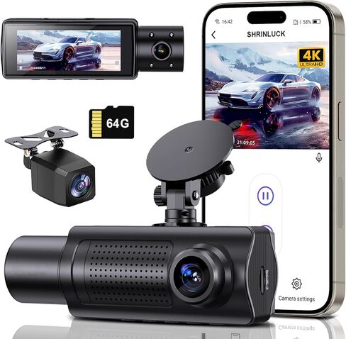 4K+1080P+1080P 5.8GHz WiFi Dash Cam Front and Rear Inside, Free 64G SD Card, 4K UHD 3 Channel Dash Camera for Cars, 360° All Sides Dashcam, G-Sensor, Night Vision, WDR, 24H Parking Monitor in Saudi Arabia