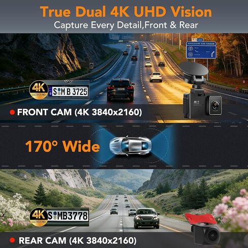 4K Dash Cam Front and Rear, STARVIS 2 Night Vision, Free 64GB Card, 5GHz WiFi with App, Built-in GPS, Dash Camera for Cars 170° Wide Angle, 3" IPS Screen, Loop Recording, 24H Parking Monitor in Saudi Arabia