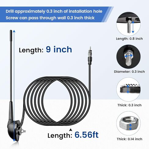 Anina 23cm (9 Inch) AM/FM Universal Short Antenna for Car Truck Motorcycle Boat, M6 Screw Top/Side Mount Replacement Radio Aerial Mast with 60° Adjustable Base & 2M Cable, Black in Saudi Arabia