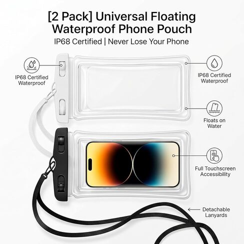 [2 Pack] Universal Floating Waterproof Phone Pouch, IP68 Water Proof Case for All Phones with Detachable Lanyard - Perfect Beach Cruise Essentials for iPhone 16 15 14 Pro Max, Galaxy S25 in Saudi Arabia