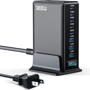 محطة شحن بقوة 380 وات، قاعدة شاحن USB C سريعة 8 منافذ GaN مع منفذ مزدوج 100 وات لأجهزة الكمبيوتر المحمول، MacBook Pro/Air، Iphone16/15/14/13، Ipad، Samsung Galaxy، Android، للسفر، المنزل، المكتب in Kuwait