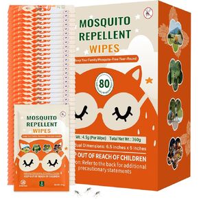 80 PCS Mosquito Repellent Wipes, Individually Wrapped Insect Repellent Wipes Made of Natural Plant-Based Essential Oils, Safe & Effective Insect Protection Perfect for Outdoor Activities, Long-Lasting in Saudi Arabia