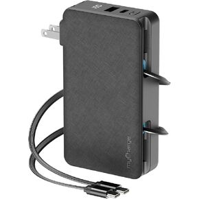 بنك طاقة myCharge RetractaCharger بقدرة 10000 مللي أمبير في الساعة - كابلان USB-C قابلان للسحب مقاس 28 بوصة | قابس حائط مدمج | شحن سريع بقدرة 30 وات PD | شاشة عرض رقمية للبطارية | منافذ USB-C/A | طاقة إضافية تصل إلى 60 ساعة | أسود in Kuwait