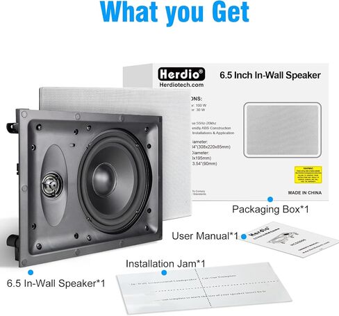 Herdio 6.5 Inch 2-Way in-Wall Speaker for Whole House Surround Audio, 1" Silk Dome Tweeter, Magnetic Paintable Mesh Cover, Compatible with Whole House Audio or Home Theater, Single White in Saudi Arabia