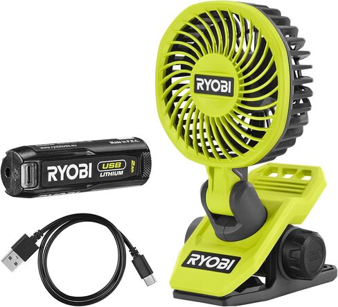 RYOBI - USB lithium fan (4 V, diameter 9 cm, 2 speeds, 120/90 rpm, head adjustable up/down and right/left, USB-C cable - 1 battery 4 V, 2.0 Ah, USB lithium, RCF-120G in Saudi Arabia
