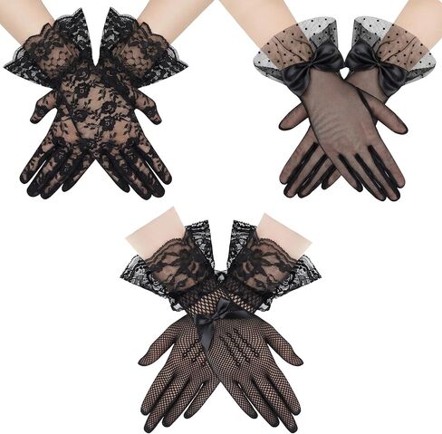 3 Pairs Lace Gloves Women Tea Party Gloves Vintage Elegant Bow Short Glove for Dress up Wedding Princess in Saudi Arabia