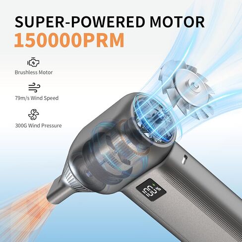 Electric Air Duster-150000RPM Compressed Air Duster with LED Display, 8000mAh Super Power Cordless Air Duster, 3-Gear Brushless Motor Blower, 5-in-1 Cleaning Kit for PC, Keyboard, Car, Outdoor in Saudi Arabia