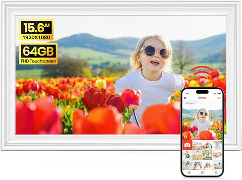 BIGASUO 15.6" Digital Picture Frame, 64GB WiFi Digital Frame Frameo with 1920x1080 FHD IPS Touch Screen, Share Photos Videos via Frameo App, Support SD/USB Drive, Best Gifts for Parents/Grandparents in Saudi Arabia