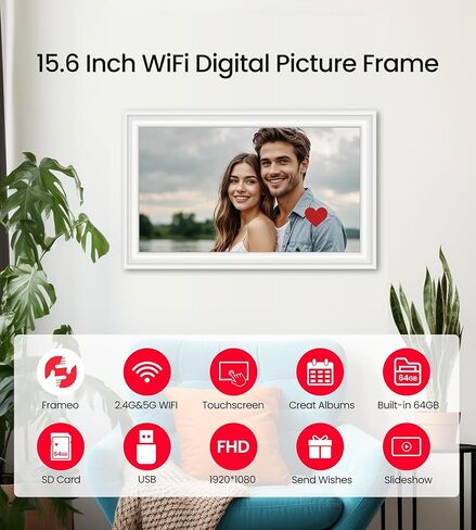 BIGASUO 15.6" Digital Picture Frame, 64GB WiFi Digital Frame Frameo with 1920x1080 FHD IPS Touch Screen, Share Photos Videos via Frameo App, Support SD/USB Drive, Best Gifts for Parents/Grandparents in Saudi Arabia