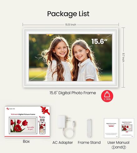 BIGASUO 15.6" Digital Picture Frame, 64GB WiFi Digital Frame Frameo with 1920x1080 FHD IPS Touch Screen, Share Photos Videos via Frameo App, Support SD/USB Drive, Best Gifts for Parents/Grandparents in Saudi Arabia
