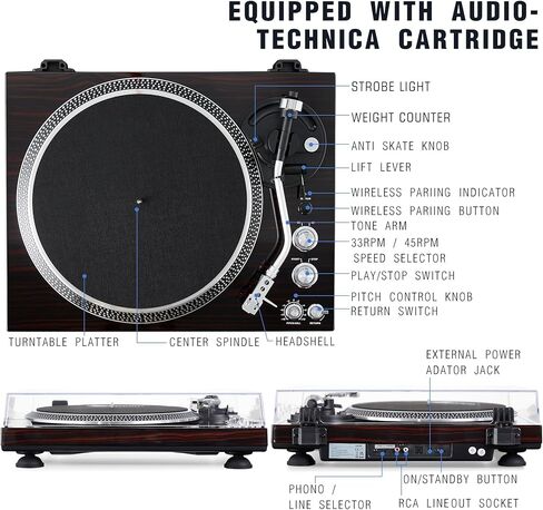 High-Fidelity Vinyl Record Player, Bluetooth Turntable with Magnetic Cartridge, 2-Speed Belt Drive Wood Vintage Player with Auto-Return, Adjustable Counterweight, Pitch Control & Preamp in Saudi Arabia