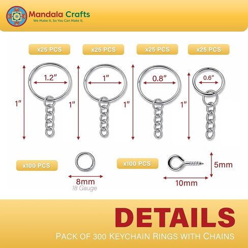 حلقة مفاتيح مقسمة من Mandala Crafts مع مجموعة سلسلة - حلقات سلسلة مفاتيح مع حلقات قفز مفتوحة لسلاسل المفاتيح - مجموعة سلسلة مفاتيح مع دبابيس عين لولبية لحرف سلسلة المفاتيح المصنوعة من الراتنج 0.6 بوصة إلى 1.2 بوصة 300 قطعة in Saudi Arabia