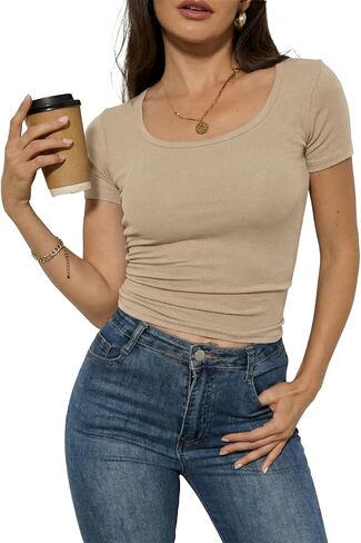 Womens Square Neck Short Sleeve Ribbed T-Shirt Slim Fit Fitted Casual Summer Soft Stretchy Basic Tee in Saudi Arabia