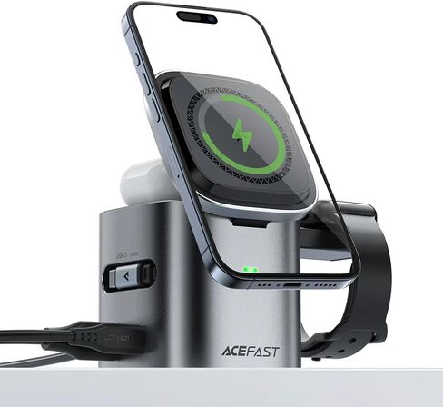 محطة شحن سريعة ACEFAST 6 في 1 بقدرة 100 وات GaN لسلسلة iPhone 17 16، مع كابل USB C قابل للسحب، حامل سطح المكتب لشاحن لاسلكي مغناطيسي Qi2 25W لساعة iWatch/لساعة Samsung Galaxy Watch/Airpods in Kuwait