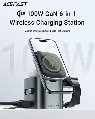محطة شحن سريعة ACEFAST 6 في 1 بقدرة 100 وات GaN لسلسلة iPhone 17 16، مع كابل USB C قابل للسحب، حامل سطح المكتب لشاحن لاسلكي مغناطيسي Qi2 25W لساعة iWatch/لساعة Samsung Galaxy Watch/Airpods in Kuwait
