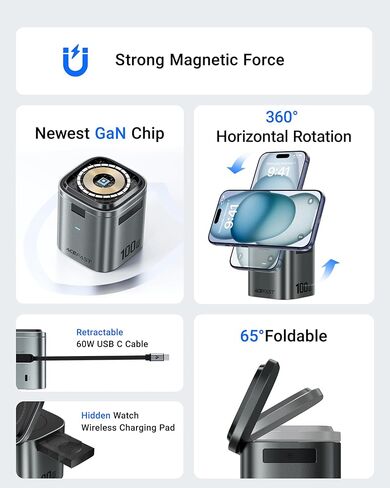 محطة شحن سريعة ACEFAST 6 في 1 بقدرة 100 وات GaN لسلسلة iPhone 17 16، مع كابل USB C قابل للسحب، حامل سطح المكتب لشاحن لاسلكي مغناطيسي Qi2 25W لساعة iWatch/لساعة Samsung Galaxy Watch/Airpods in Kuwait