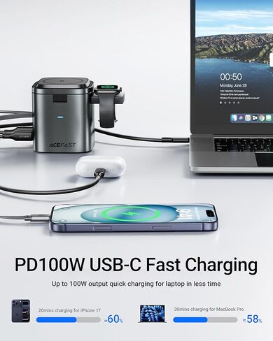 محطة شحن سريعة ACEFAST 6 في 1 بقدرة 100 وات GaN لسلسلة iPhone 17 16، مع كابل USB C قابل للسحب، حامل سطح المكتب لشاحن لاسلكي مغناطيسي Qi2 25W لساعة iWatch/لساعة Samsung Galaxy Watch/Airpods in Kuwait