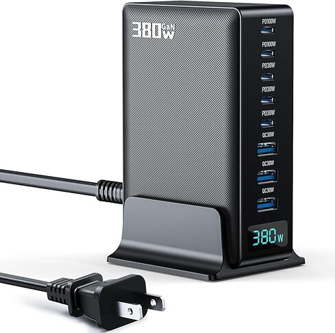 محطة شحن بقوة 380 وات، قاعدة شاحن USB C سريعة 8 منافذ GaN مع منفذ مزدوج 100 وات لأجهزة الكمبيوتر المحمول، MacBook Pro/Air، Iphone16/15/14/13، Ipad، Samsung Galaxy، Android، للسفر، المنزل، المكتب in Kuwait